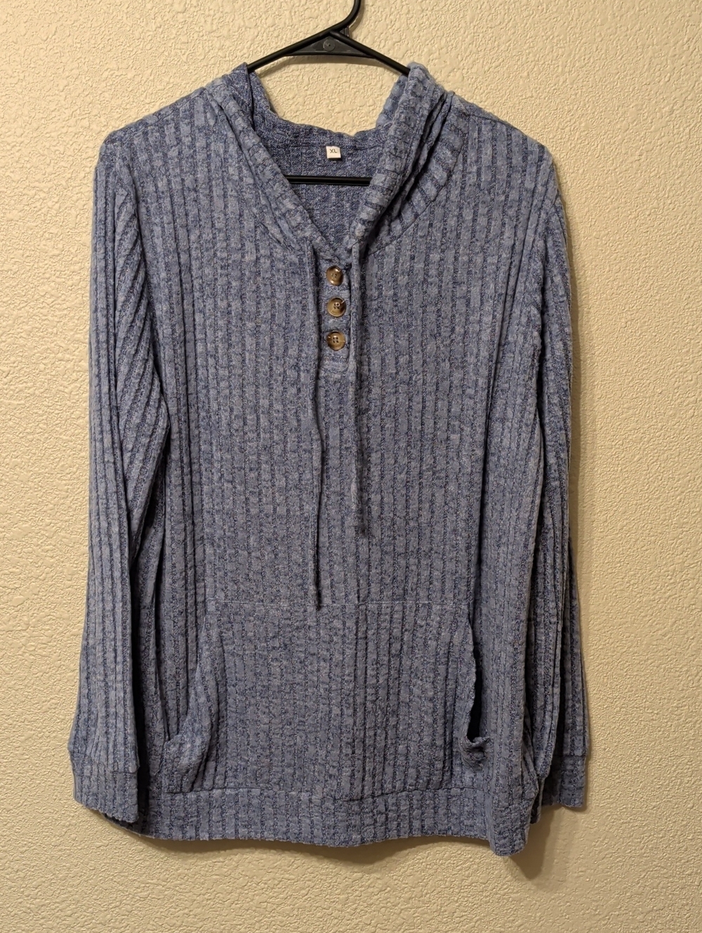 Source Unknown Light Blue Hooded Ribbed Pullover with Button Placket
